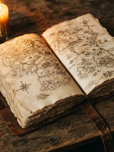 Close-up of an open leather-bound journal on a wooden desk, warm candlelight casting golden glow on hand-drawn maps, rich paper texture, 35mm lens.