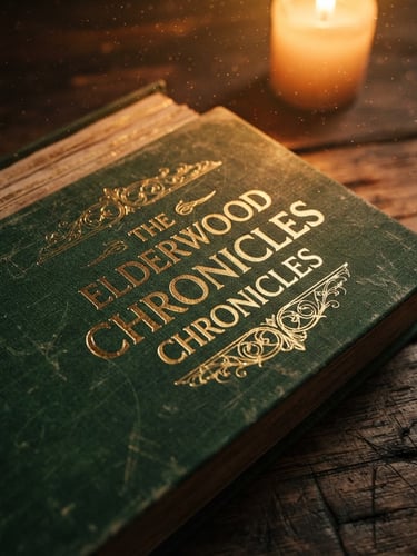 Close-up macro shot of a physical fantasy book with a textured forest green cover and gold foil title, resting on a rustic wooden table illuminated by warm candlelight, dust motes in the air, 35mm lens