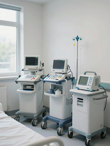 Wide shot of a hospital equipment room showing multiple medical devices on carts — a patient monitor, an infusion pump, and a suction unit — arranged in a clinical ward setting, natural daylight from a window on the left, clean white walls