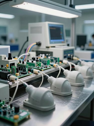 Close-up of a medical device assembly line in a Guangzhou factory, printed circuit boards and ultrasound probe housings arranged on a stainless steel workbench under consistent clinical overhead lighting, no workers visible, cables neatly routed