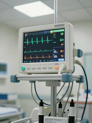 Close-up of a patient monitor control panel mounted on a hospital cart, displaying ECG waveform and vital signs readouts on a bright screen, clinical overhead lighting, white hospital room background, no people, cables neatly managed along the cart pole