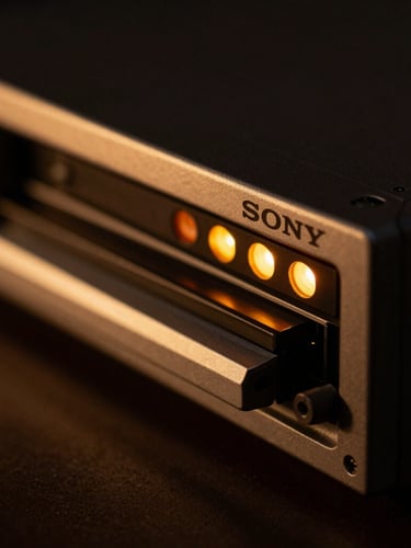 Macro close-up of a vintage Sony Digital BetaCam deck tape loading mechanism, warm amber indicator lights, low-key dramatic studio lighting, deep shadows, 50mm