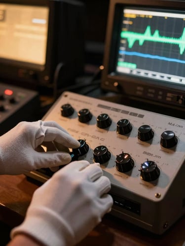 Close-up of a veteran video engineer wearing white gloves adjusting calibration dials on a 3/4-inch U-Matic studio deck, glowing waveform monitors in the background, low-key lighting, amber accents