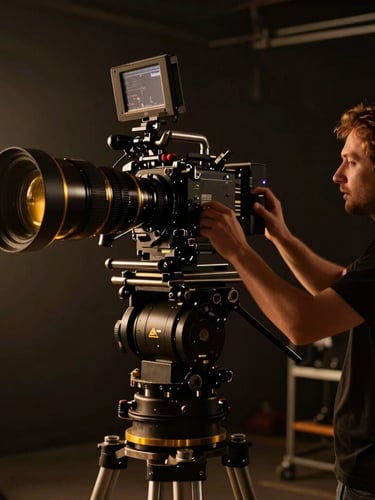 Cinematic behind-the-scenes shot of a director adjusting a massive anamorphic lens on a high-end camera rig, low-key chiaroscuro lighting, gold accents.