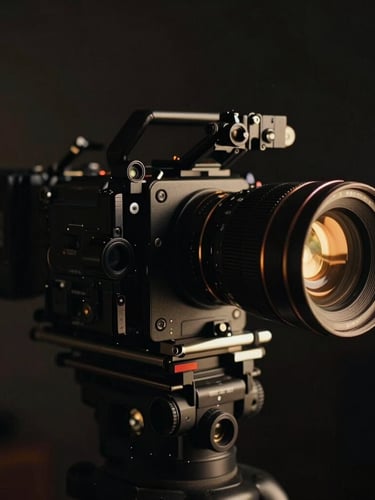 Dramatic low-key cinematic film photography of a high-end camera rig, golden rim light, deep shadows, 35mm anamorphic lens.