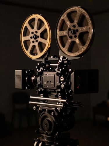 Cinematic behind-the-scenes set shot, low-key chiaroscuro lighting, deep shadows, single golden rim light on a camera rig, 35mm.
