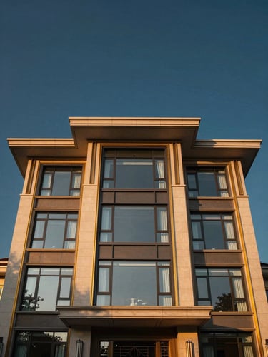 Symmetry-focused architectural framing of a luxury modern villa facade in Dehradun at golden hour, warm light reflecting off glass and gold trim, deep navy sky background