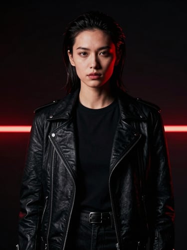 High-contrast fashion portrait of a confident digital creator, dramatic studio lighting, subtle red neon accent line across the background, deep shadows, sharp focus 35mm lens.