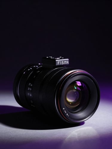 Dramatic editorial photography of a high-fashion digital creator in a dark studio, sharp high-contrast lighting, deep shadows with subtle purple neon accents, 35mm lens