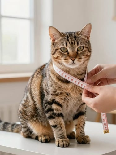 A cute, calm tabby cat sitting relaxed on a light grey table while a person gently measures its chest, soft natural window light, warm tones, clean background