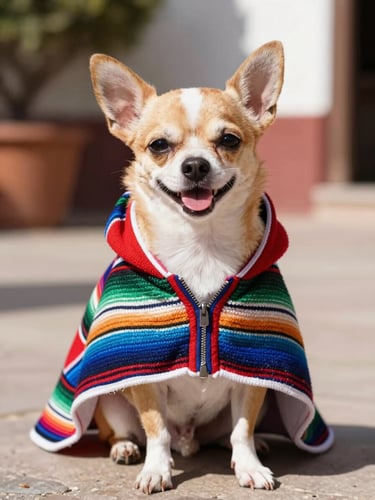 Portrait of a happy chihuahua wearing a colorful Mexican hand-woven poncho, sitting comfortably outdoors in a sunny courtyard, bright natural daylight, shallow depth of field, 35mm lens
