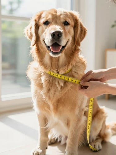 A warm eye-level shot of a happy Golden Retriever sitting calmly on a light floor while a person gently measures its chest with a soft yellow tape measure. Bright natural daylight from a nearby window, soft focus background.
