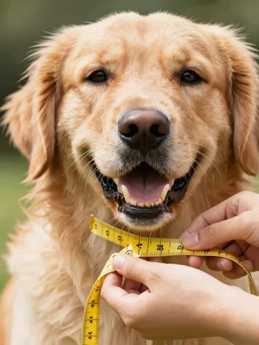 Close-up of hands measuring a happy, calm golden retriever with a soft yellow tailor tape, bright natural daylight, warm and cheerful tones, shallow depth of field, 35mm lens