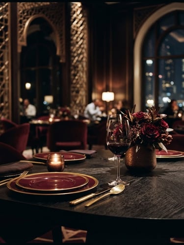 Luxury architectural dining space in Abu Dhabi, low-key dramatic side-lighting, deep burgundy and bronze tones, shallow depth of field, 35mm