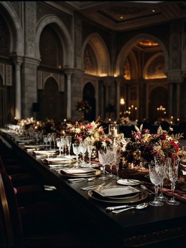 Low-key dramatic side-lighting on an immaculate long banquet table set with fine crystal and silver inside a grand Abu Dhabi architectural hall, deep shadows, 35mm