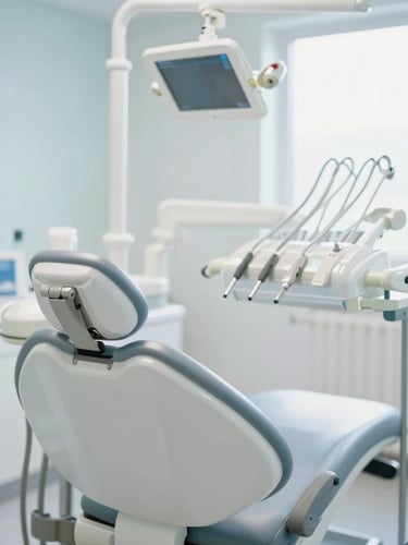 Bright high-key clinical photography, soft natural daylight, clean white dental chair, professional and hygienic environment, shallow depth of field