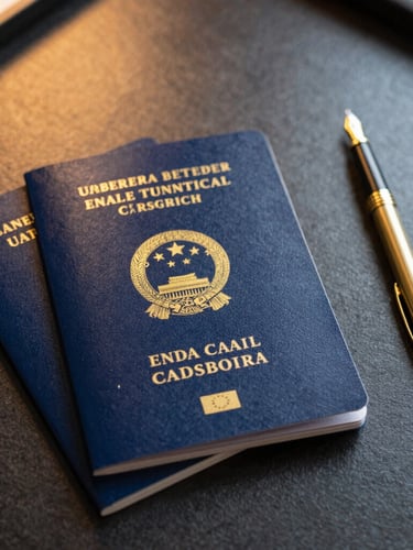 A clean, high-contrast flat-lay of official European Union travel documents and a gold fountain pen on a dark textured desk, warm side lighting.