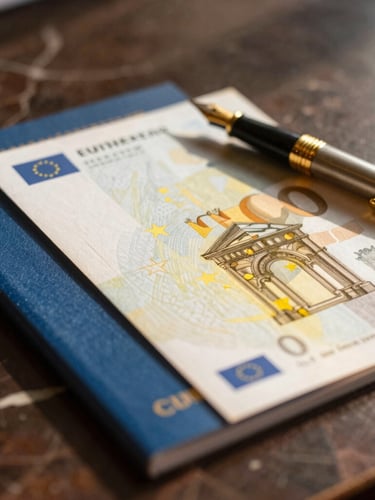 A close-up of official European travel documents and a gold fountain pen resting on a dark marble desk, warm golden-hour light casting soft shadows, 35mm editorial photography