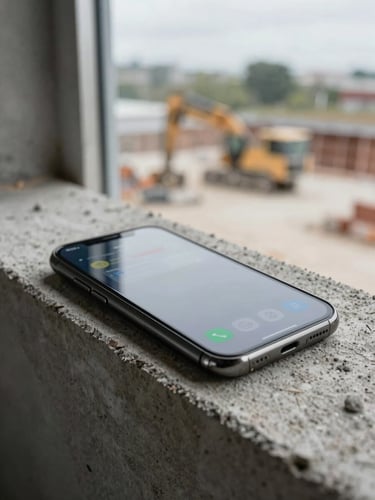 Close-up of a work-worn smartphone resting on a dusty concrete ledge at an active job site, the screen showing a missed call notification, overcast daylight from a nearby window, no people visible, raw documentary feel