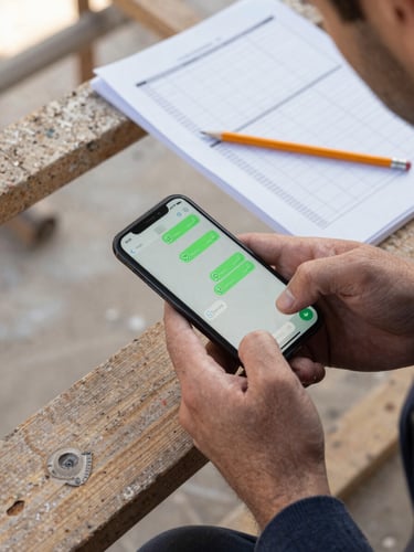 Overhead close-up of a contractor's hand scrolling a WhatsApp conversation on a smartphone placed on a wooden scaffolding plank, a pencil and folded schedule sheet beside it, soft overcast daylight from above, authentic job-site context, no studio lighting
