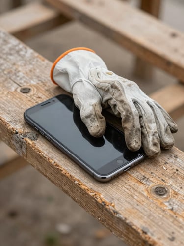 Close-up of a dusty work glove resting beside a ringing smartphone on a wooden scaffold plank, overcast daylight, no answer visible on screen
