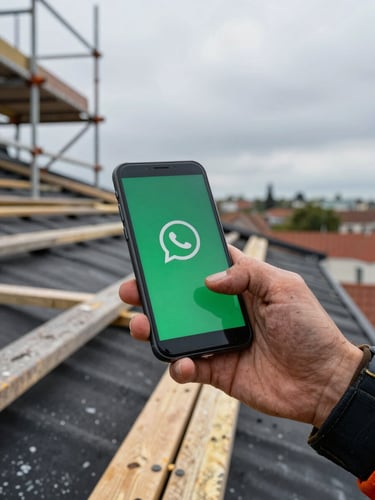 Close-up of a roofer's weathered hand holding a smartphone on a roof frame, WhatsApp notification visible on screen, overcast daylight, scaffolding and roofing felt in background, wide environmental framing with rooftop to the right