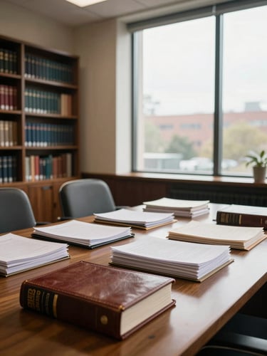 Wide interior of a law firm's reading room, natural daylight falling through tall windows onto a long wooden table stacked with open case binders and a leather-bound legal code, left third of frame occupied by a dark wood bookshelf, warm ambient light, no people