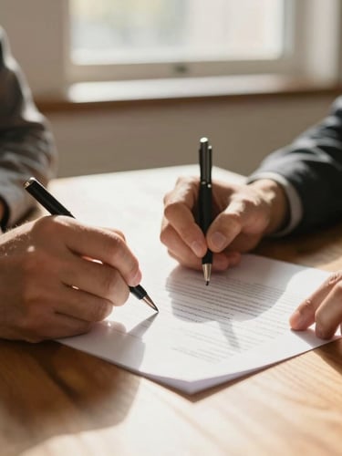 Close-up shot of hands signing a real estate contract on a warm wooden table, soft morning daylight streaming through a window, shallow depth of field, 35mm.