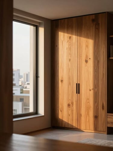 Warm editorial photography, soft golden-hour window light, an elegant modern apartment interior in São Paulo with rich wooden textures and clean lines, shallow depth of field, 35mm.