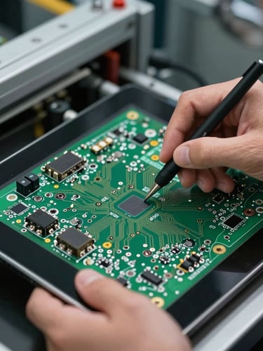 Close-up macro shot of a technician using a digital tablet to run diagnostics on an exposed green circuit control board inside a gate operator, high contrast lighting.