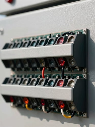 Macro close-up of an automated gate control board showing safety sensor terminals and wiring, sharp contrast, bright daylight