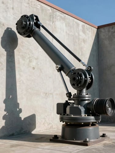 A low-angle, high-contrast shot of a heavy-duty hydraulic gate operator arm, sharp Southern California sunlight casting crisp geometric shadows on concrete.