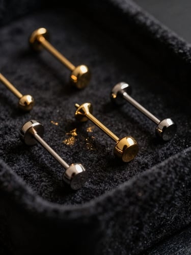 Close-up of luxury gold and titanium piercing studs arranged on a dark velvet display tray, subtle golden reflections, dramatic side lighting, deep shadows, premium aesthetic, 35mm lens