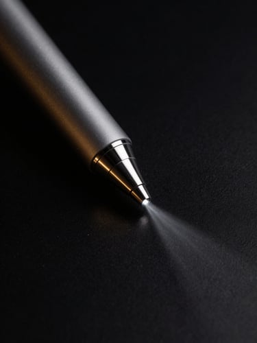 High-contrast editorial photography of a premium laser device tip emitting a precise light beam, dark background, subtle gold reflections, 35mm lens
