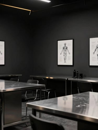 Minimalist and clean tattoo academy classroom, high-end workstations with professional lighting, stainless steel tables, anatomical sketches on the dark anthracite wall, luxury design studio vibe