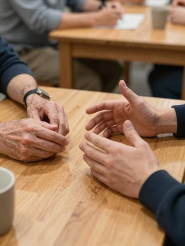 Close-up documentary frame — two pairs of hands across a wooden table, one older set and one younger, mid-gesture during a conversation, warm indoor available light, a ceramic mug visible at the edge, community center setting, unposed