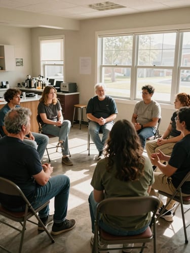 Wide environmental shot, left-side bleed — a diverse circle of adults and teenagers seated in folding chairs in a sunlit community room, mid-conversation, hands gesturing, warm natural window light raking across faces and a coffee station visible in the background, unposed documentary moment