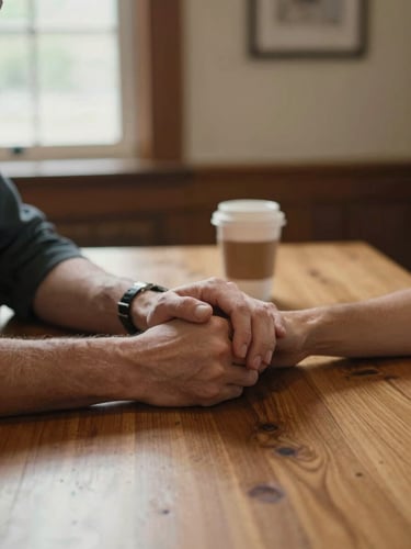 Close-up of two pairs of hands resting on a wooden table mid-conversation, a coffee cup in the background, warm indoor natural light from a window to the left, documentary style, unposed, Ohio community center setting