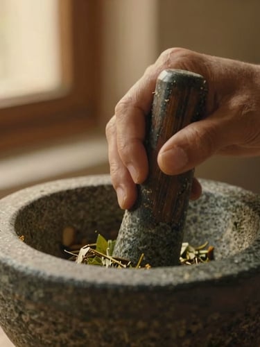 Close-up macro photography of hands grinding fresh herbs in a heavy stone mortar, warm golden-hour window light, muted saffron tones, shallow depth of field
