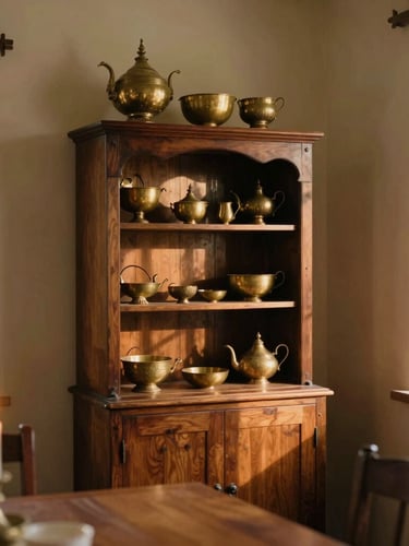 An environmental shot of a cozy corner in the dining room, a vintage teak wood cabinet displaying antique Thai brassware, soft candlelight casting long shadows, warm editorial photography