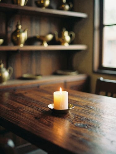 Close-up of a cozy, candlelit table setting in a vintage Thai dining room, dark teak wood textures, mismatched brass ornaments on a high shelf, warm golden-hour glow, 35mm film style