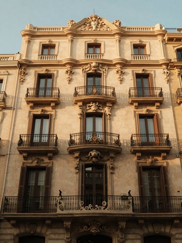 Warm editorial photography of elegant Barcelona classic building facade with ornate balconies, soft golden-hour daylight, 35mm