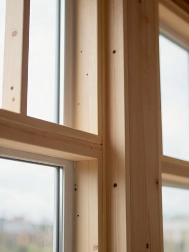 Close-up of precise architectural framing, clean timber joints, warm soft side-lighting, high-end residential construction site, 35mm