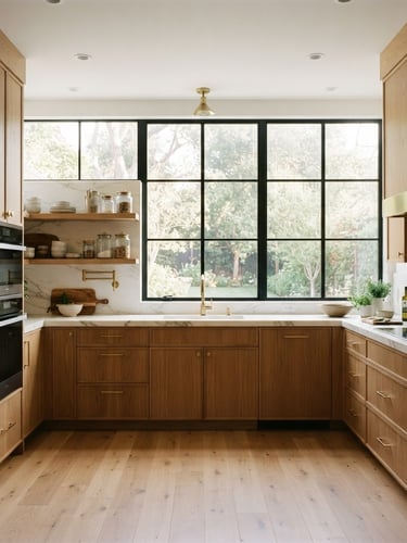 Straight-on architectural elevation of a modern residential kitchen with warm oak cabinetry and brass accents, flooded with soft natural window daylight, 35mm