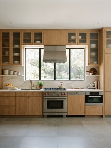 Straight-on architectural elevation of a modern residential kitchen with warm white oak cabinetry, natural window daylight, soft shadows, 35mm