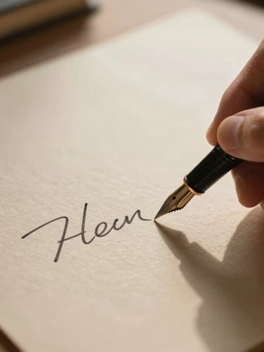 Environmental close-up of hands signing heavy textured paper with a classic fountain pen, warm directional light casting deep shadows.