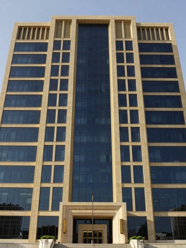 Dignified architectural view of the Central Bank of the UAE headquarters in Abu Dhabi, crisp daylight, professional architectural lens, deep navy and gold tones