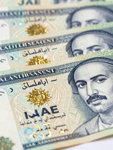 Macro photograph of security features on official UAE banknotes, sharp focus on intricate gold foil and holographic elements, crisp daylight, high-contrast institutional lighting.