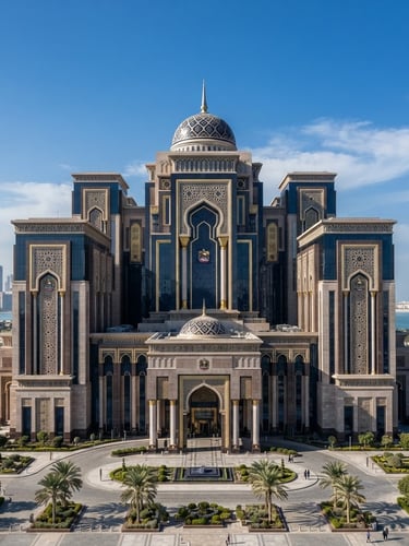 Stately architectural view of the Central Bank of the UAE headquarters in Abu Dhabi, crisp daylight, sharp focus, professional architectural lens, deep navy and gold tones
