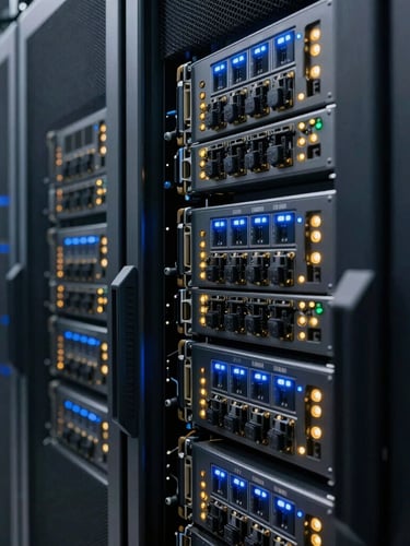 A high-resolution close-up of secure digital payment infrastructure servers, glowing blue and gold indicator lights, sharp focus, professional architectural lens